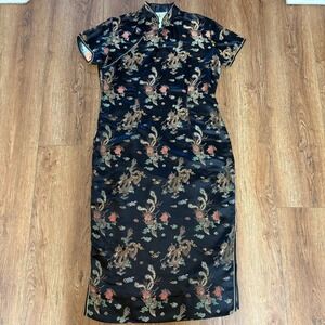 Vintage Plum Blossom Black Dragon Phoenix Brocade Cheongsam Dress Womens Size 46